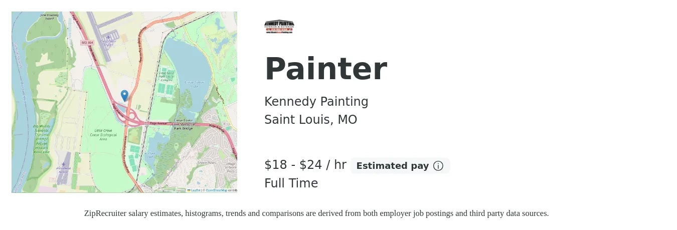 Kennedy Painting job posting for a Painter in Saint Louis, MO with a salary of $19 to $25 Hourly with a map of Saint Louis location.