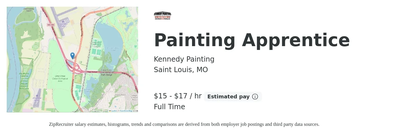Kennedy Painting job posting for a Painting Apprentice in Saint Louis, MO with a salary of $16 to $18 Hourly with a map of Saint Louis location.