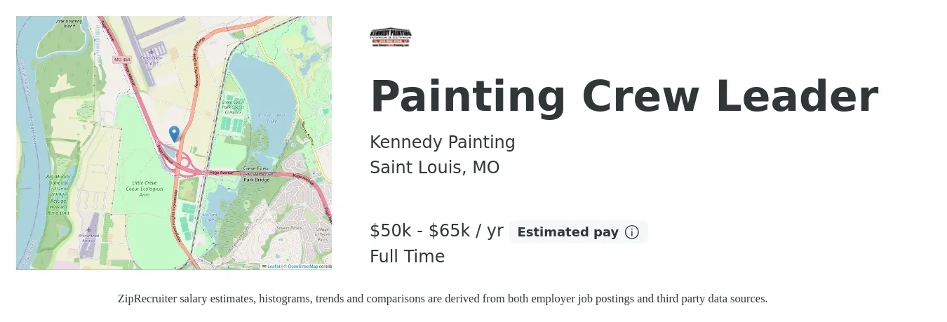 Kennedy Painting job posting for a Painting Crew Leader in Saint Louis, MO with a salary of $50,000 to $65,000 Yearly with a map of Saint Louis location.