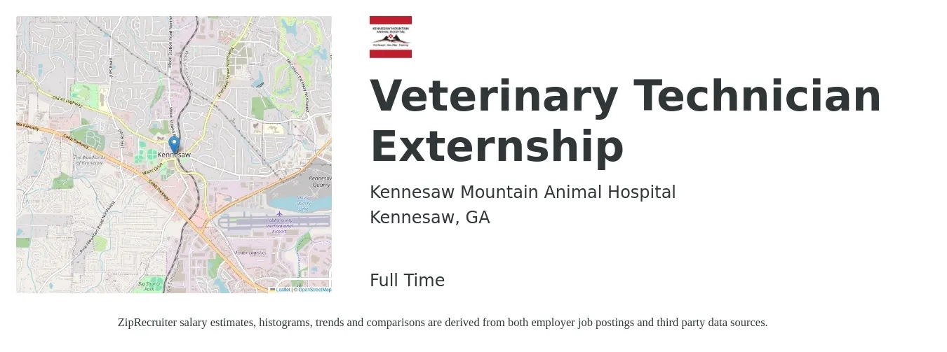 Kennesaw Mountain Animal Hospital job posting for a Veterinary Technician Externship in Kennesaw, GA with a salary of $17 to $24 Hourly with a map of Kennesaw location.