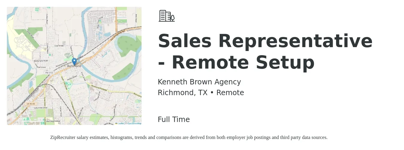Kenneth Brown Agency job posting for a Sales Representative - Remote Setup in Richmond, TX with a salary of $100,000 Yearly with a map of Richmond location.
