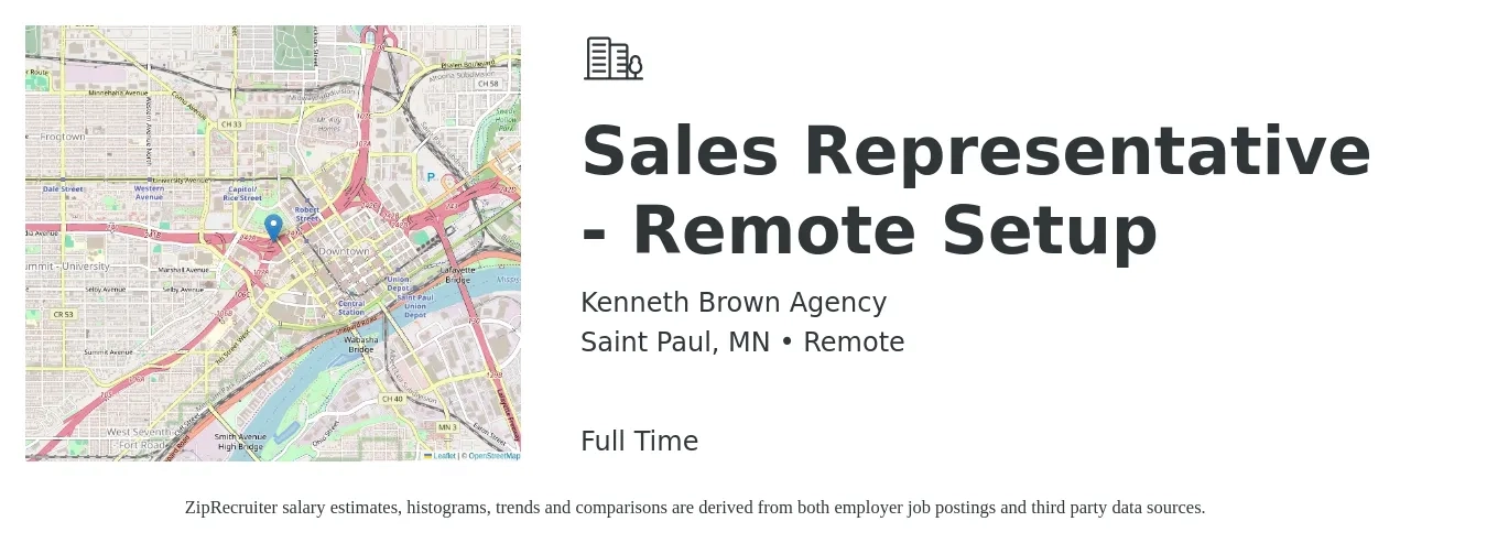 Kenneth Brown Agency job posting for a Sales Representative - Remote Setup in Saint Paul, MN with a salary of $100,000 Yearly with a map of Saint Paul location.