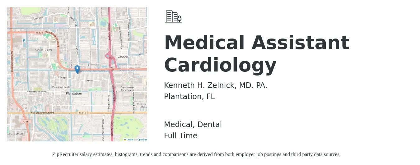 Kenneth H. Zelnick, MD. PA. job posting for a Medical Assistant Cardiology in Plantation, FL with a salary of $18 to $25 Hourly and benefits including pto, retirement, dental, and medical with a map of Plantation location.