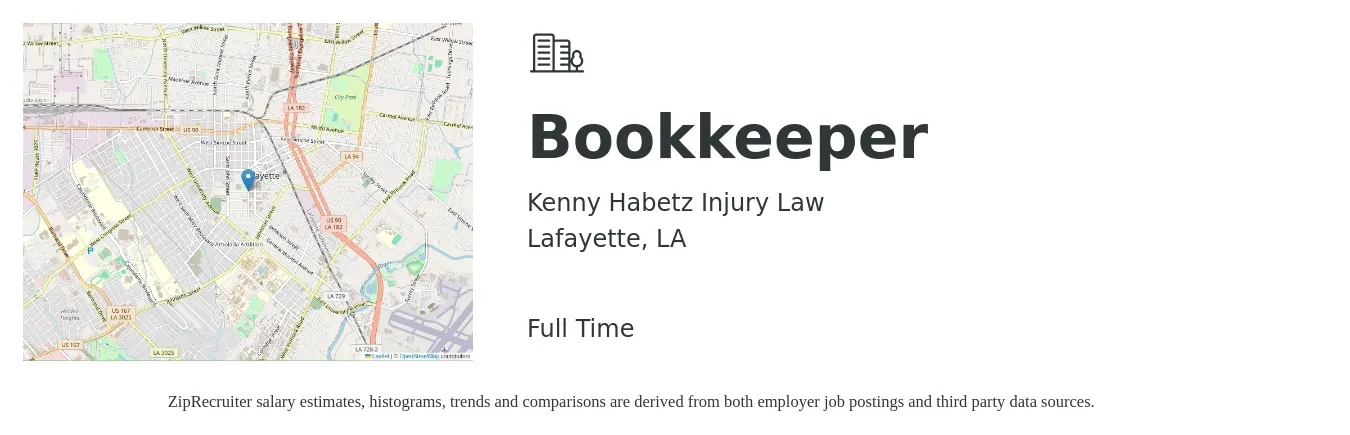 Kenny Habetz Injury Law job posting for a Bookkeeper in Lafayette, LA with a salary of $20 to $28 Hourly with a map of Lafayette location.