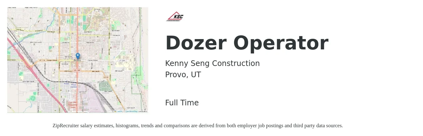 Kenny Seng Construction job posting for a Dozer Operator in Provo, UT with a salary of $20 to $27 Hourly with a map of Provo location.