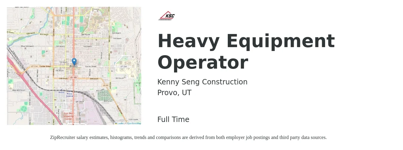 Kenny Seng Construction job posting for a Heavy Equipment Operator in Provo, UT with a salary of $22 to $32 Hourly with a map of Provo location.