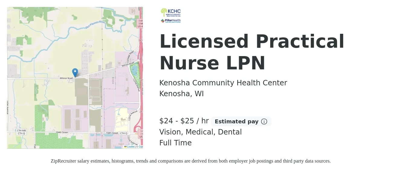Kenosha Community Health Center job posting for a Licensed Practical Nurse LPN in Kenosha, WI with a salary of $25 to $27 Hourly and benefits including life_insurance, medical, vision, and dental with a map of Kenosha location.
