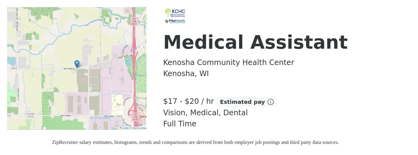 Kenosha Community Health Center job posting for a Medical Assistant in Kenosha, WI with a salary of $18 to $21 Hourly and benefits including vision, dental, life_insurance, and medical with a map of Kenosha location.