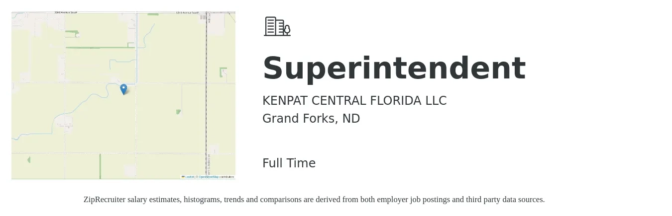 KENPAT CENTRAL FLORIDA LLC job posting for a Superintendent in Grand Forks, ND with a salary of $73,800 to $120,000 Yearly with a map of Grand Forks location.