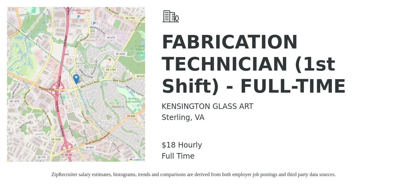 KENSINGTON GLASS ART job posting for a FABRICATION TECHNICIAN (1st Shift) - FULL-TIME in Sterling, VA with a salary of $19 Hourly with a map of Sterling location.