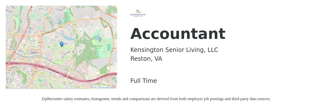 Kensington Senior Living, LLC job posting for a Accountant in Reston, VA with a salary of $56,500 to $83,000 Yearly with a map of Reston location.