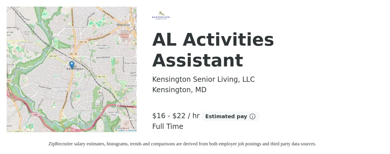 Kensington Senior Living, LLC job posting for a AL Activities Assistant in Kensington, MD with a salary of $17 to $23 Hourly with a map of Kensington location.