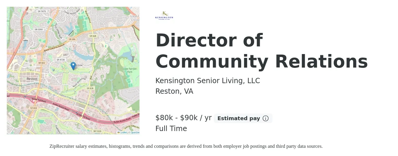 Kensington Senior Living, LLC job posting for a Director of Community Relations in Reston, VA with a salary of $80,000 to $90,000 Yearly with a map of Reston location.