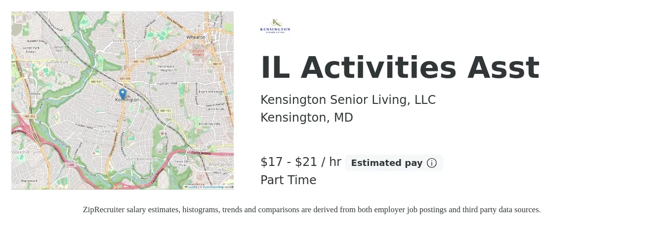 Kensington Senior Living, LLC job posting for a IL Activities Asst in Kensington, MD with a salary of $18 to $22 Hourly with a map of Kensington location.
