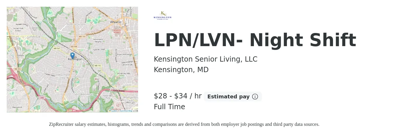 Kensington Senior Living, LLC job posting for a LPN/LVN- Night Shift in Kensington, MD with a salary of $30 to $36 Hourly with a map of Kensington location.