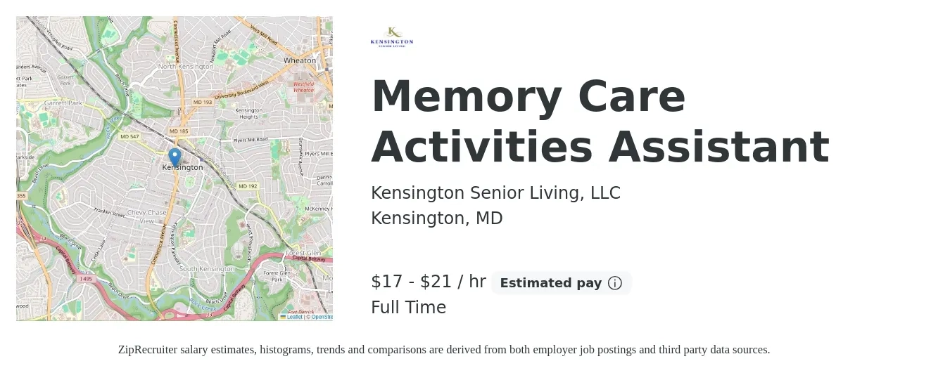Kensington Senior Living, LLC job posting for a Memory Care Activities Assistant in Kensington, MD with a salary of $16 to $18 Hourly with a map of Kensington location.