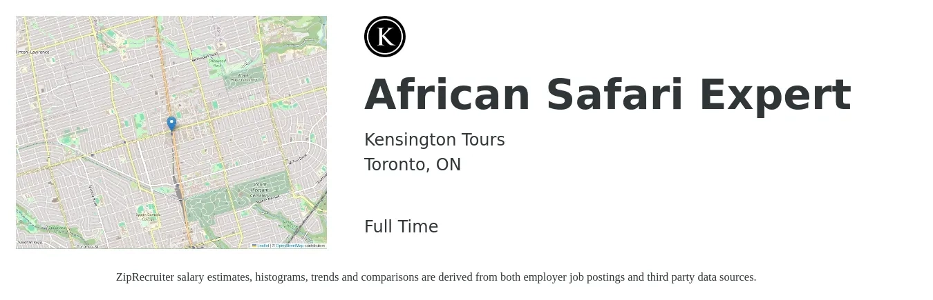 Kensington Tours job posting for a African Safari Expert in Toronto, ON with a map of Toronto location.