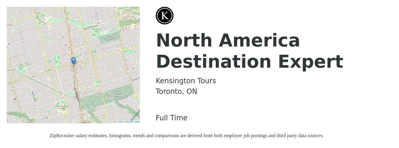 Kensington Tours job posting for a North America Destination Expert in Toronto, ON with a map of Toronto location.