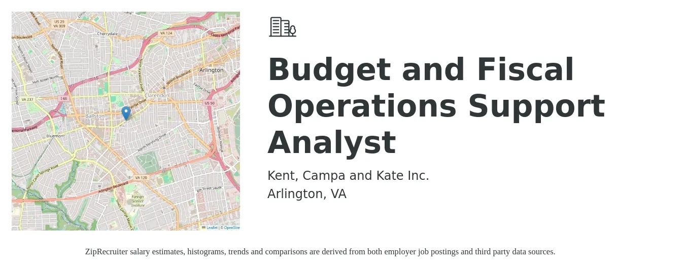 Kent, Campa and Kate Inc. job posting for a Budget and Fiscal Operations Support Analyst in Arlington, VA with a salary of $68,500 to $113,300 Yearly with a map of Arlington location.