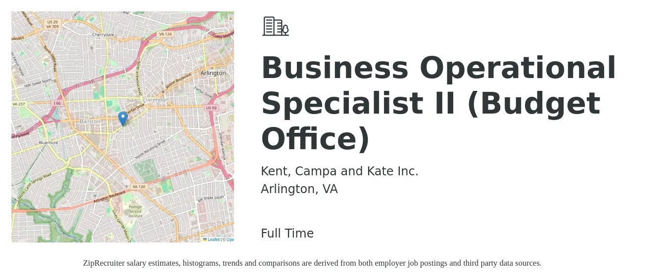 Kent, Campa and Kate Inc. job posting for a Business Operational Specialist II (Budget Office) in Arlington, VA with a salary of $21 to $31 Hourly with a map of Arlington location.