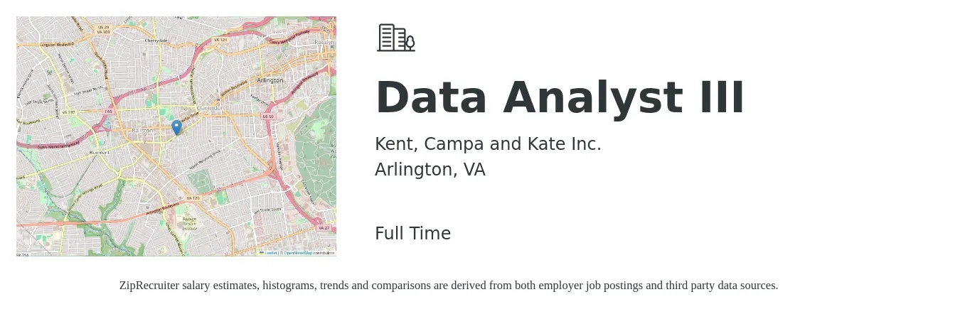 Kent, Campa and Kate Inc. job posting for a Data Analyst III in Arlington, VA with a salary of $71,900 to $111,600 Yearly with a map of Arlington location.