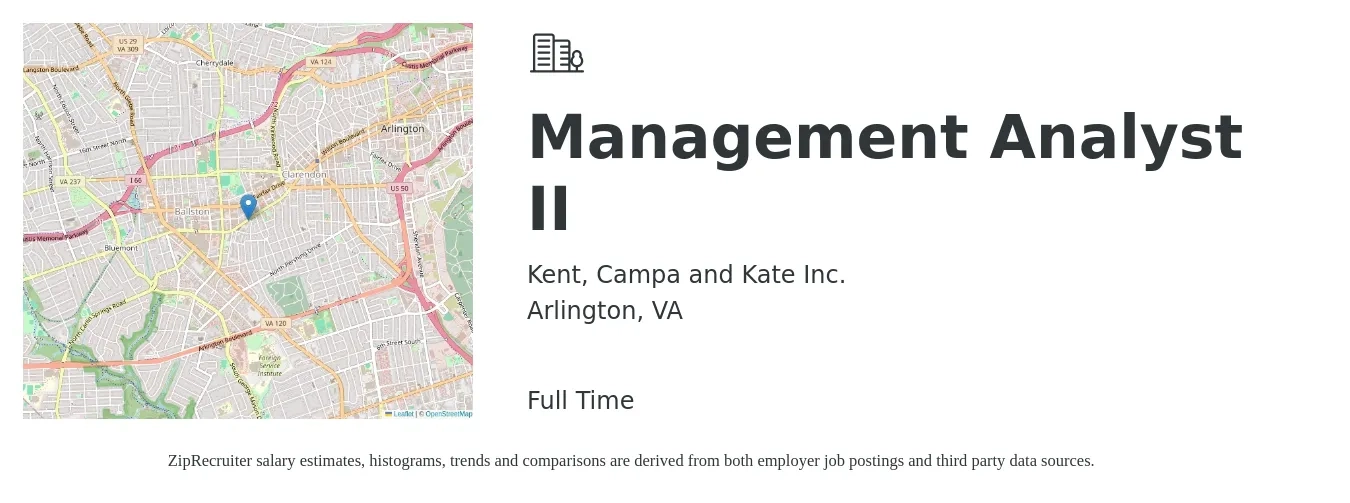 Kent, Campa and Kate Inc. job posting for a Management Analyst II in Arlington, VA with a salary of $74,800 to $117,300 Yearly with a map of Arlington location.