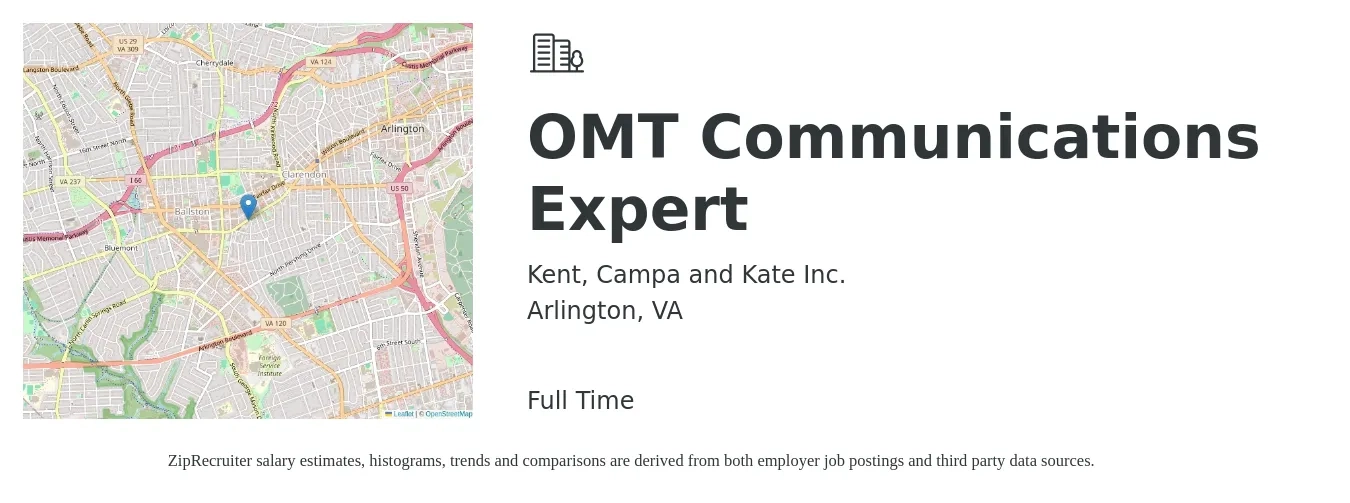 Kent, Campa and Kate Inc. job posting for a OMT Communications Expert in Arlington, VA with a salary of $58,700 to $100,100 Yearly with a map of Arlington location.