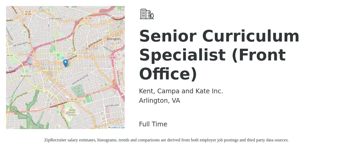 Kent, Campa and Kate Inc. job posting for a Senior Curriculum Specialist (Front Office) in Arlington, VA with a salary of $62,700 to $79,400 Yearly with a map of Arlington location.