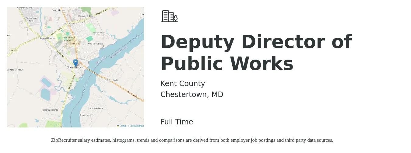 Kent County job posting for a Deputy Director of Public Works in Chestertown, MD with a salary of $94,000 to $144,200 Yearly with a map of Chestertown location.