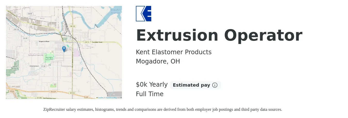 Kent Elastomer Products job posting for a Extrusion Operator in Mogadore, OH with a salary of $23 Yearly with a map of Mogadore location.