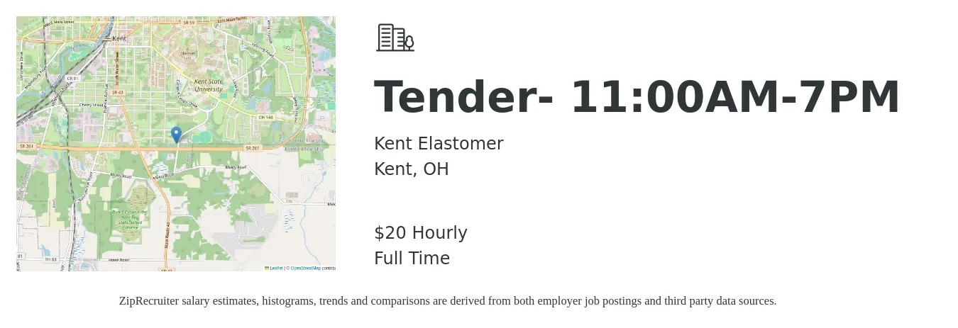 Kent Elastomer job posting for a Tender- 11:00AM-7PM in Kent, OH with a salary of $21 Hourly with a map of Kent location.