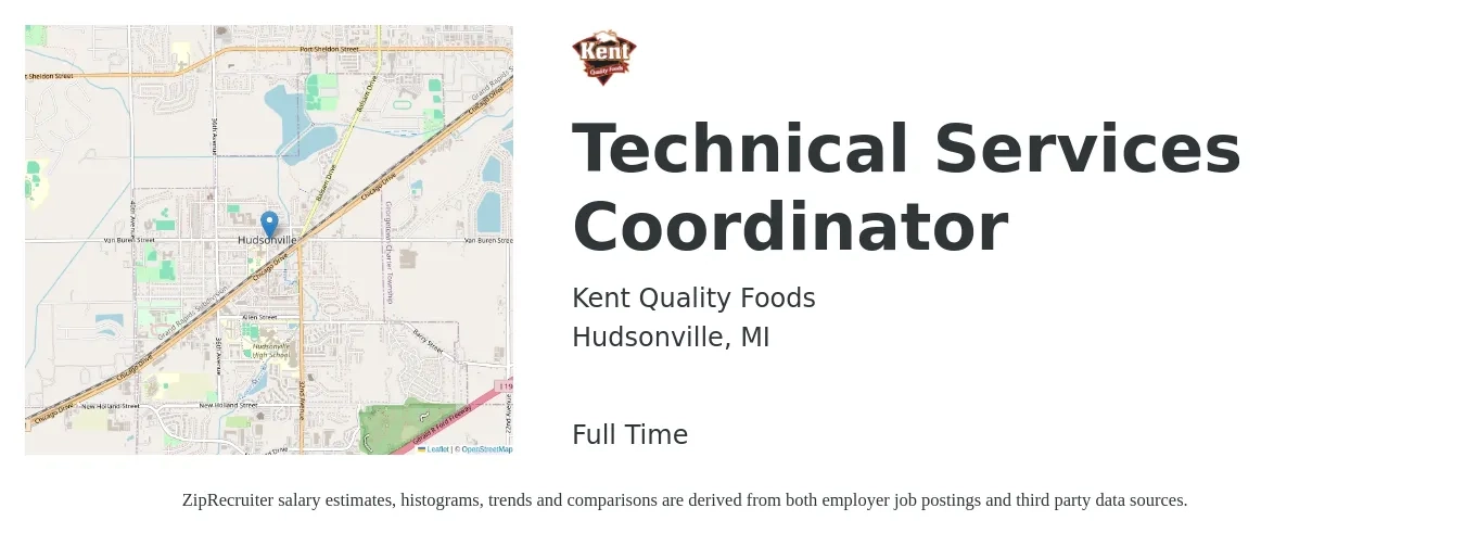Kent Quality Foods job posting for a Technical Services Coordinator in Hudsonville, MI with a salary of $41,700 to $65,200 Yearly with a map of Hudsonville location.