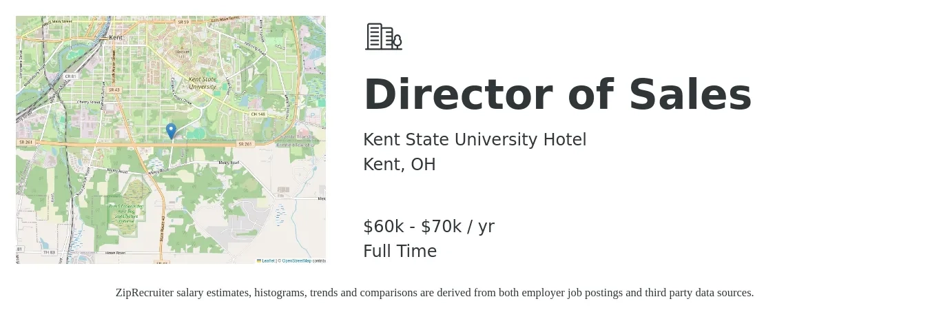 Kent State University Hotel job posting for a Director of Sales in Kent, OH with a salary of $60,000 to $70,000 Yearly with a map of Kent location.