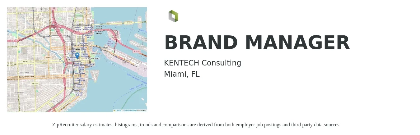 KENTECH Consulting job posting for a BRAND MANAGER in Miami, FL with a salary of $53,100 to $104,300 Yearly with a map of Miami location.