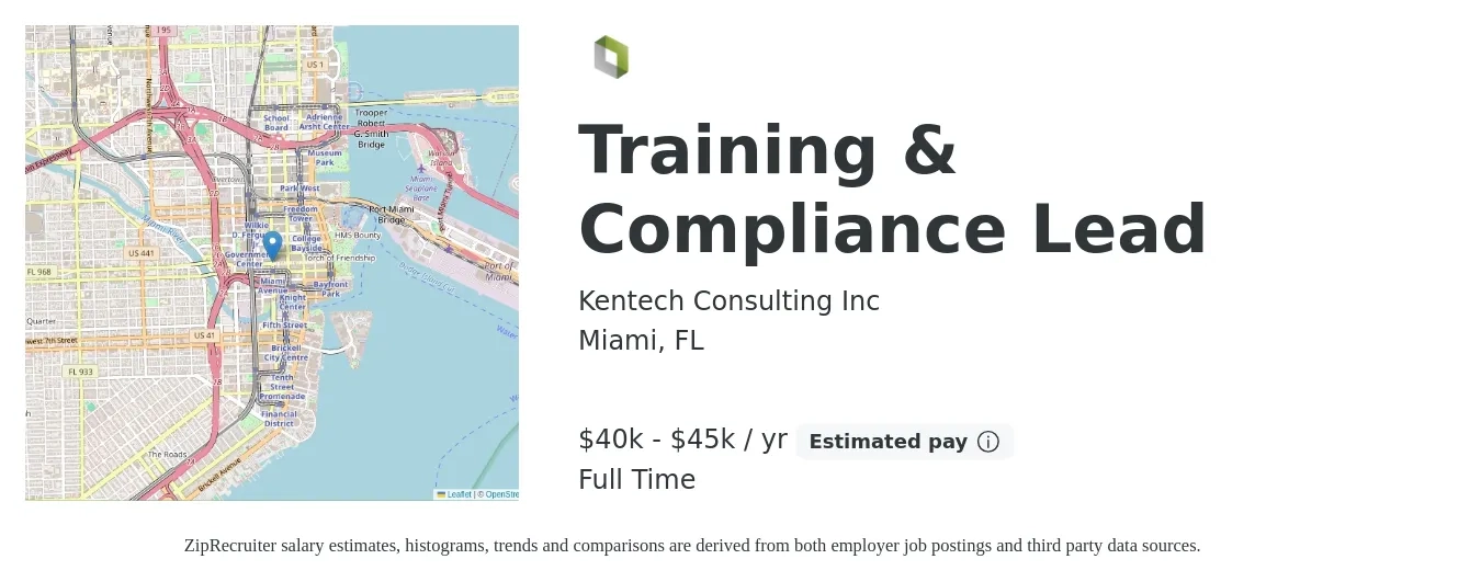 Kentech Consulting Inc job posting for a Training & Compliance Lead in Miami, FL with a salary of $40,000 to $50,000 Yearly with a map of Miami location.