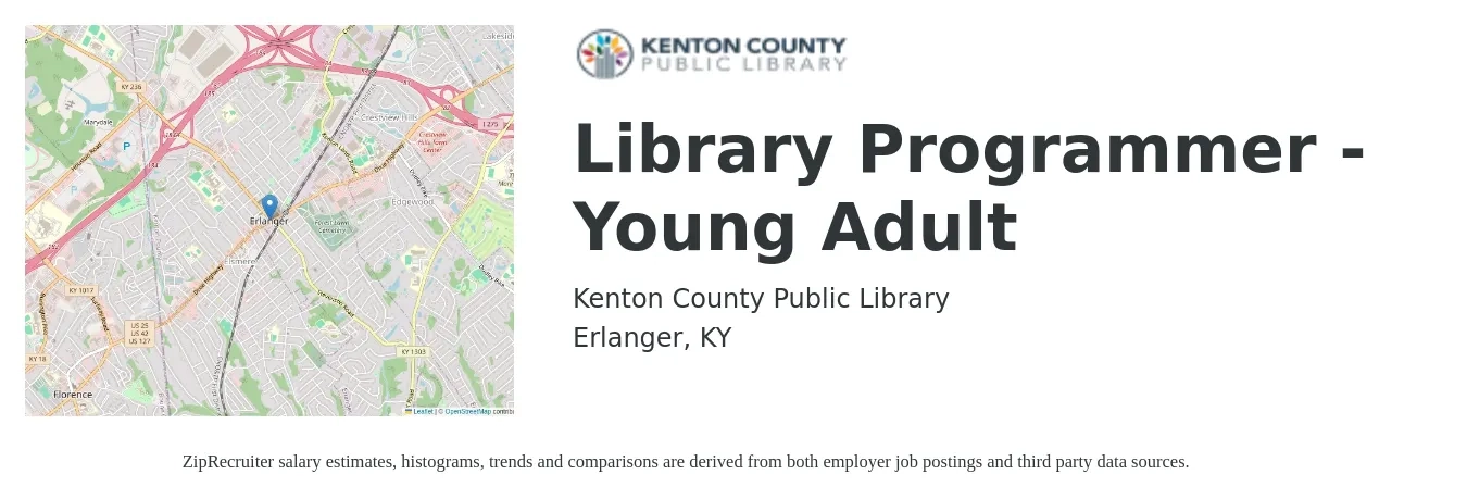 Kenton County Public Library job posting for a Library Programmer - Young Adult in Erlanger, KY with a salary of $26 to $53 Hourly with a map of Erlanger location.