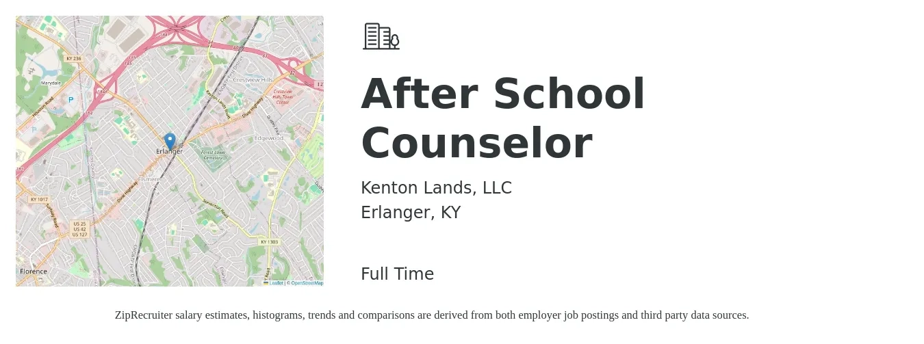 Kenton Lands, LLC job posting for a After School Counselor in Erlanger, KY with a salary of $12 to $16 Hourly with a map of Erlanger location.