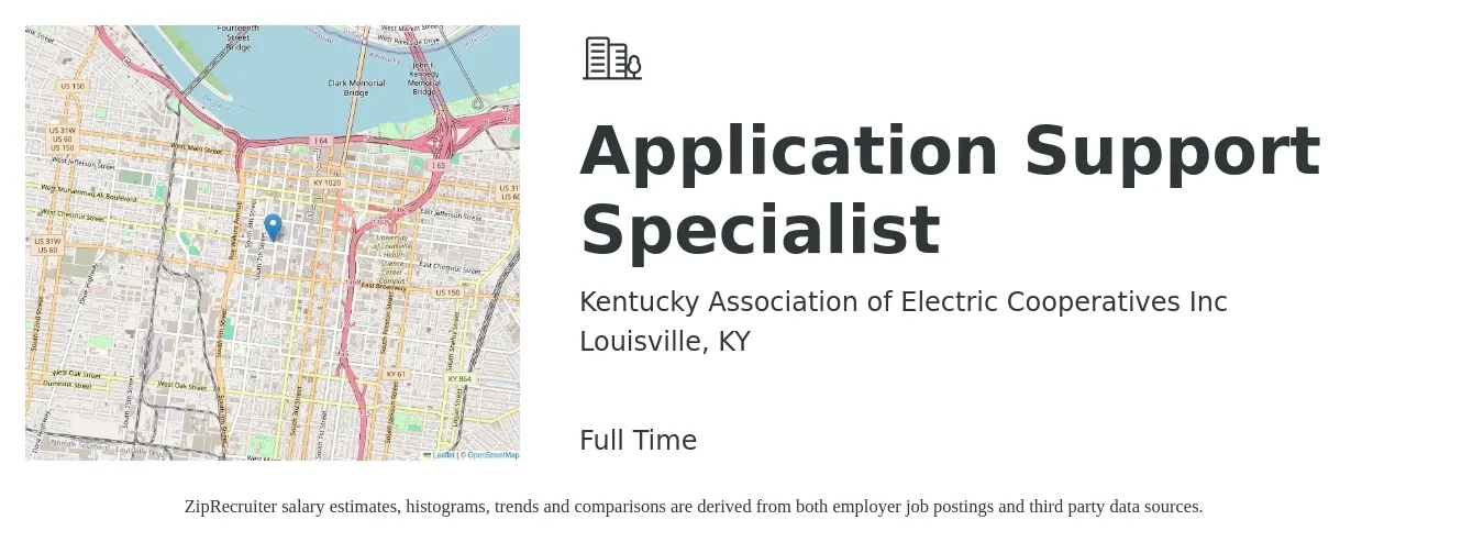 Kentucky Association of Electric Cooperatives Inc job posting for a Application Support Specialist in Louisville, KY with a salary of $49,400 to $77,800 Yearly with a map of Louisville location.