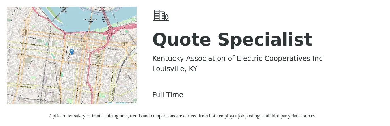 Kentucky Association of Electric Cooperatives Inc job posting for a Quote Specialist in Louisville, KY with a salary of $17 to $27 Hourly with a map of Louisville location.