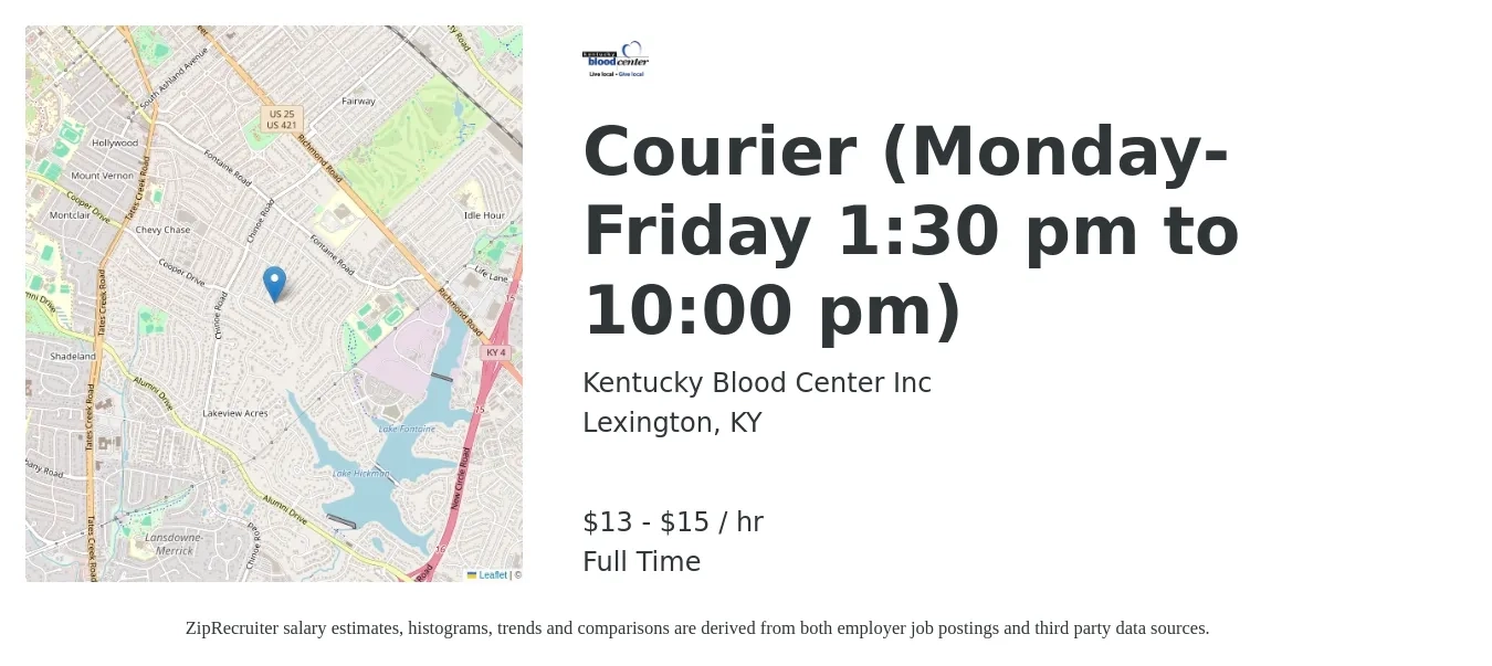 Kentucky Blood Center Inc job posting for a Courier (Monday-Friday 1:30 pm to 10:00 pm) in Lexington, KY with a salary of $14 to $16 Hourly with a map of Lexington location.