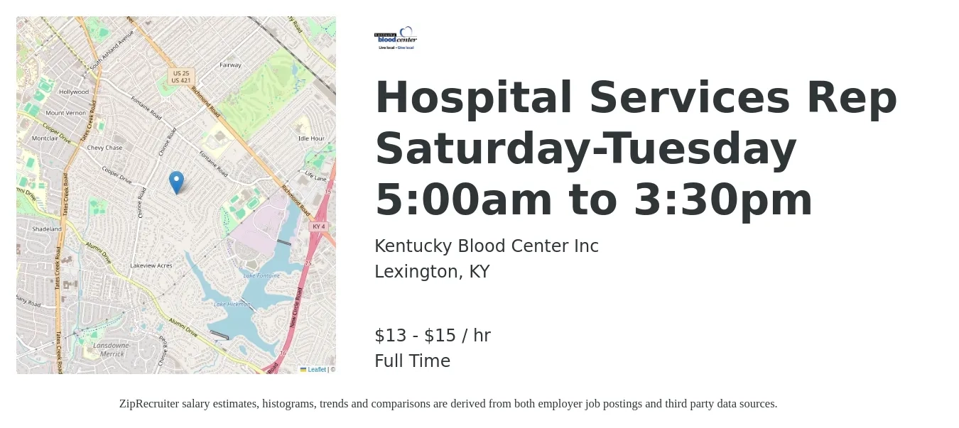 Kentucky Blood Center Inc job posting for a Hospital Services Rep Saturday-Tuesday 5:00am to 3:30pm in Lexington, KY with a salary of $14 to $16 Hourly with a map of Lexington location.