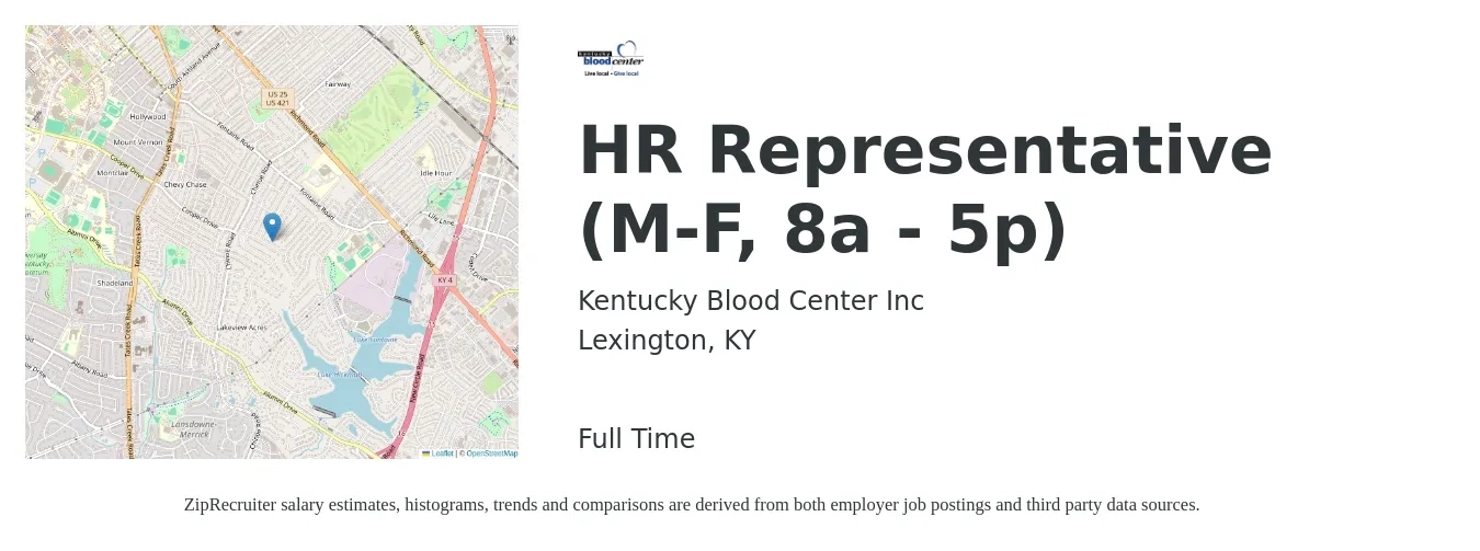 Kentucky Blood Center Inc job posting for a HR Representative (M-F, 8a - 5p) in Lexington, KY with a salary of $19 to $29 Hourly with a map of Lexington location.