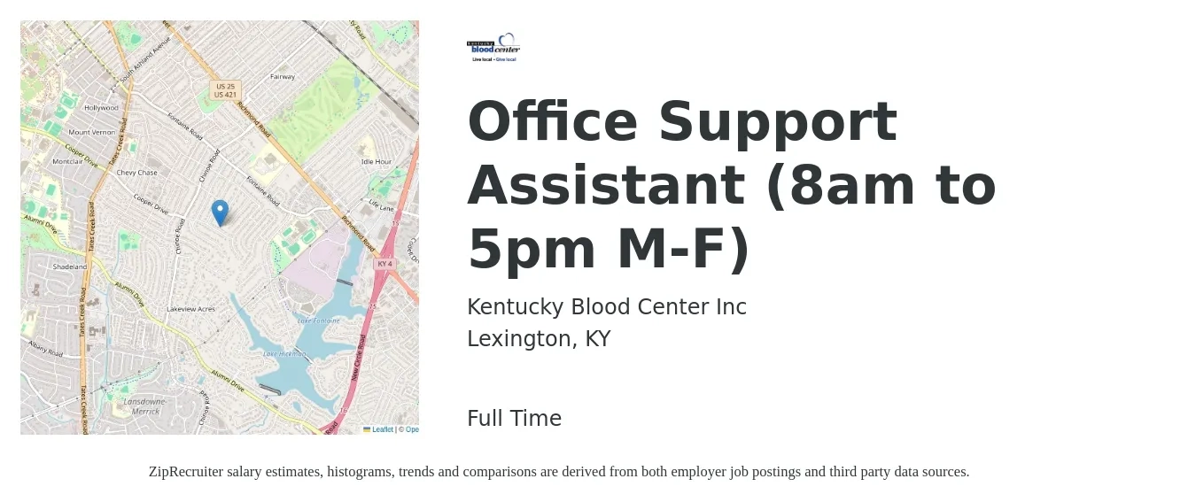 Kentucky Blood Center Inc job posting for a Office Support Assistant (8am to 5pm M-F) in Lexington, KY with a salary of $15 to $20 Hourly with a map of Lexington location.