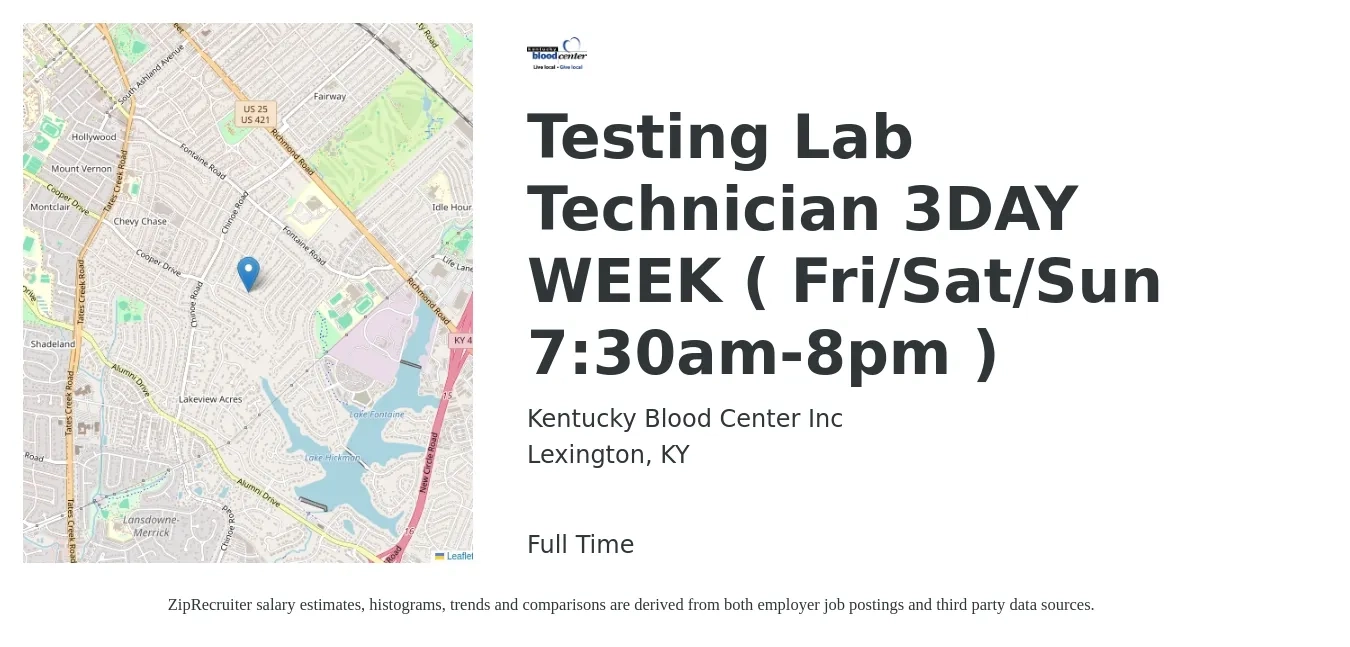 Kentucky Blood Center Inc job posting for a Testing Lab Technician 3DAY WEEK ( Fri/Sat/Sun 7:30am-8pm ) in Lexington, KY with a salary of $18 to $23 Hourly with a map of Lexington location.