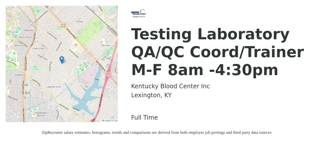 Kentucky Blood Center Inc job posting for a Testing Laboratory QA/QC Coord/Trainer M-F 8am -4:30pm in Lexington, KY with a salary of $18 to $23 Hourly with a map of Lexington location.