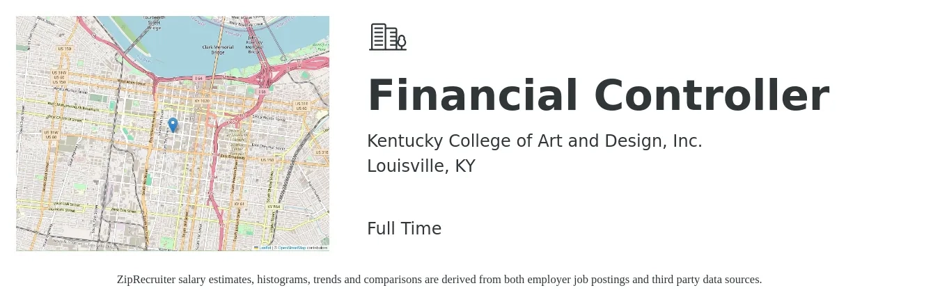 Kentucky College of Art and Design, Inc. job posting for a Financial Controller in Louisville, KY with a salary of $80,000 to $90,000 Yearly with a map of Louisville location.