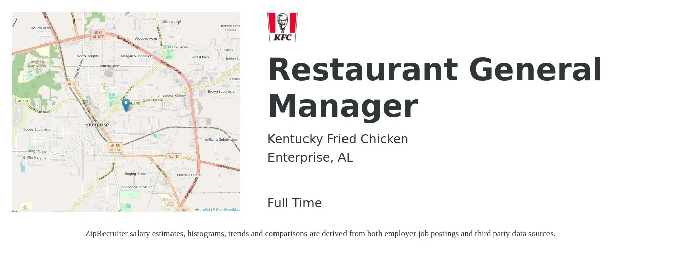 Kentucky Fried Chicken job posting for a Restaurant General Manager in Enterprise, AL with a salary of $42,800 to $59,000 Yearly with a map of Enterprise location.