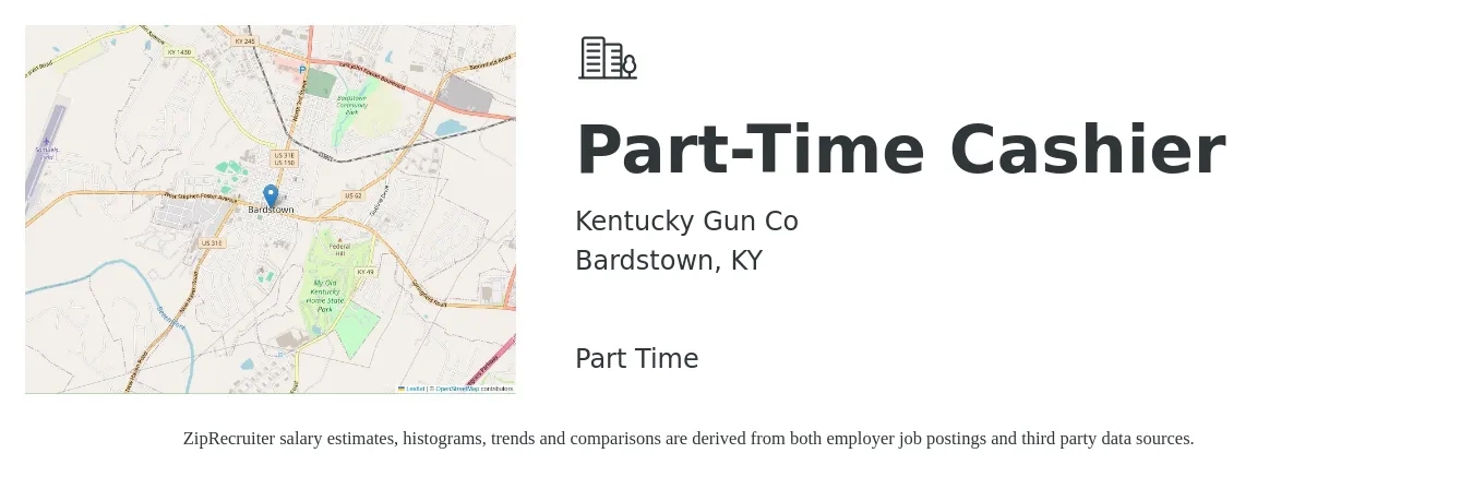 Kentucky Gun Co job posting for a Part-Time Cashier in Bardstown, KY with a salary of $10 to $14 Hourly with a map of Bardstown location.