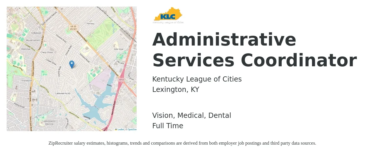 Kentucky League of Cities job posting for a Administrative Services Coordinator in Lexington, KY with a salary of $20 to $28 Hourly and benefits including vision, dental, life_insurance, medical, pto, and retirement with a map of Lexington location.