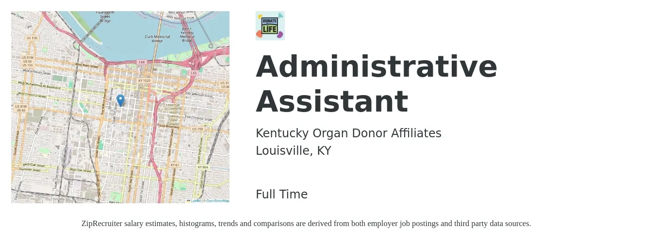 Kentucky Organ Donor Affiliates job posting for a Administrative Assistant in Louisville, KY with a salary of $16 to $22 Hourly with a map of Louisville location.